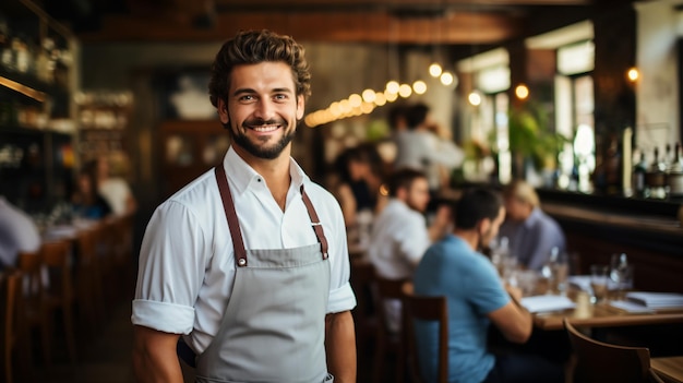 Retrato de um garçom feliz em um restaurante