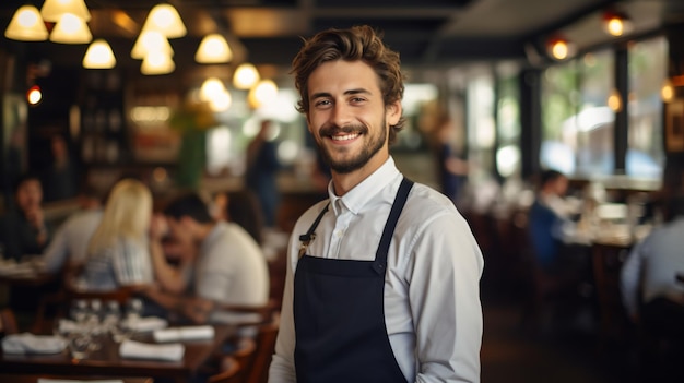 Retrato de um garçom feliz em um restaurante