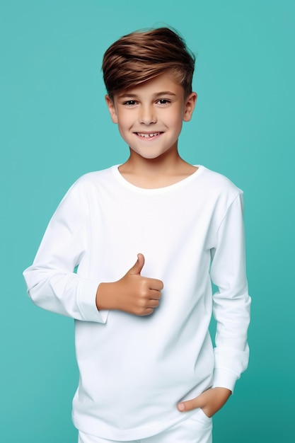 Foto retrato de um garoto alegre e amigável usa roupas brancas elegantes isoladas em fundo de cor ciano