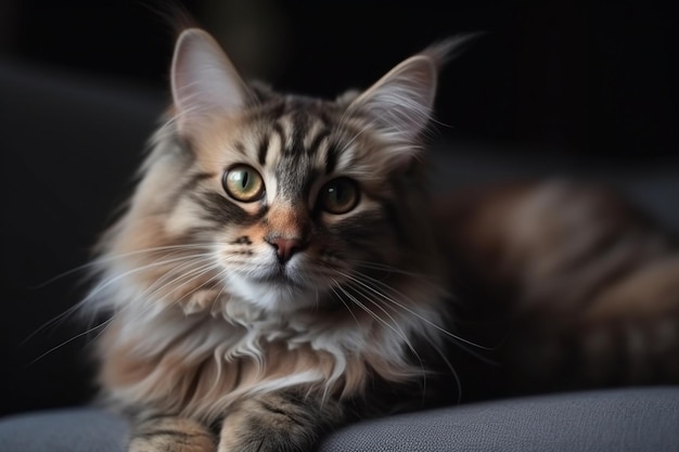 Retrato de um gatinho multicolorido de gato siberiano deitado no sofá cinza