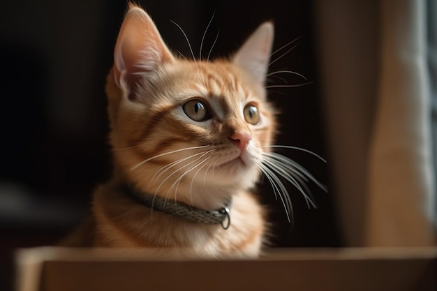 Retrato de um gatinho ruivo em uma caixa olhando para longe