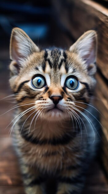 Retrato de um gatinho triste muito bonito com olhos enormes em seu espaço de vida diária para texto