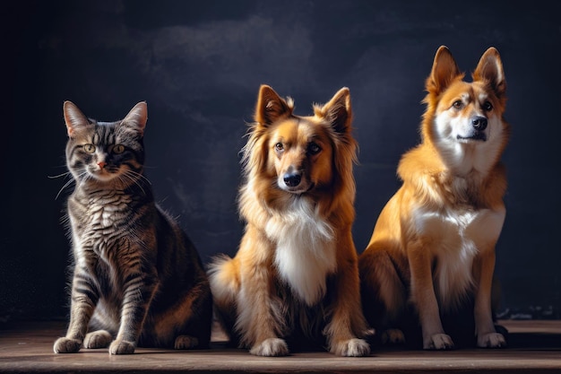 Retrato de um gato adorável e dois cães juntos amizade animal IA generativa