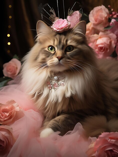 Retrato de um gato adorável Traje de fada pirata do Himalaia Coroa floral Design de moda Arte de trajes