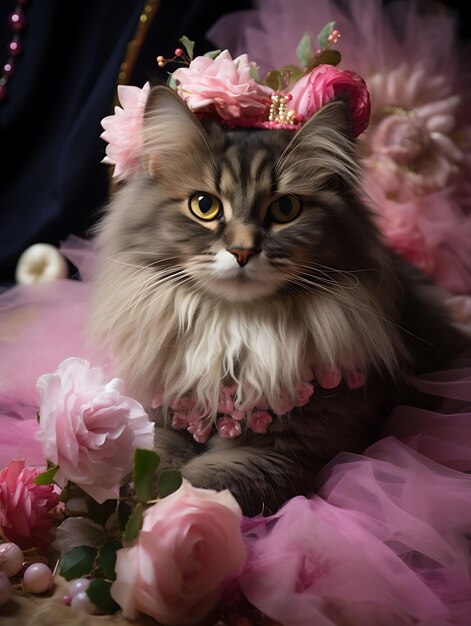 Retrato de um gato adorável Traje de fada pirata do Himalaia Coroa floral Design de moda Arte de trajes