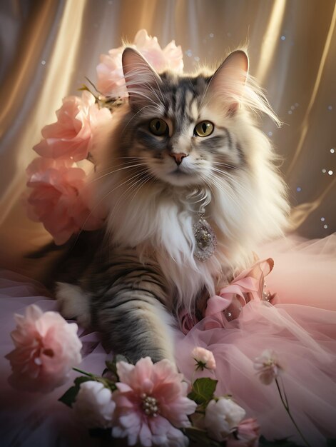 Foto retrato de um gato adorável traje de fada pirata do himalaia coroa floral design de moda arte de trajes