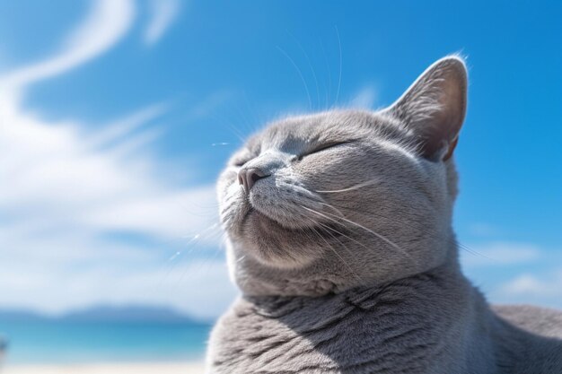 Retrato de um gato azul russo na praia