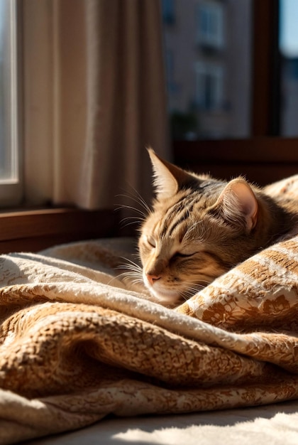 Retrato de um gato bonito dormindo à luz do sol em um cobertor Closeup do rosto de gatos dormindo