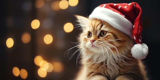 Retrato de um gato com um chapéu de Papai Noel, espaço vazio IA generativa