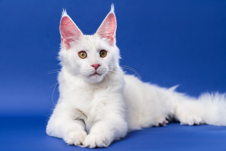 Retrato de um gato Coon americano branco sobre fundo azul