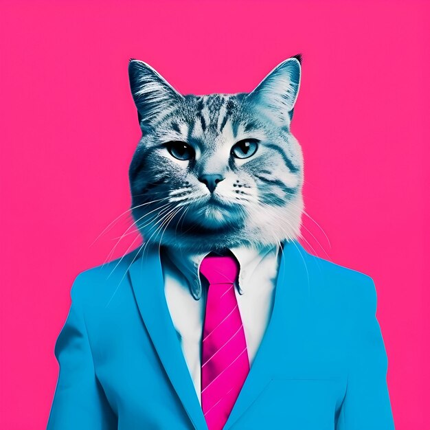 Retrato de um gato de terno e gravata em um fundo rosa