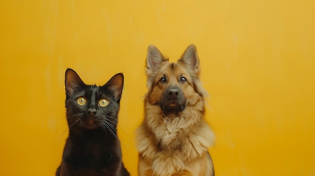retrato de um gato e um cachorro em frente a um fundo amarelo brilhante IA generativa
