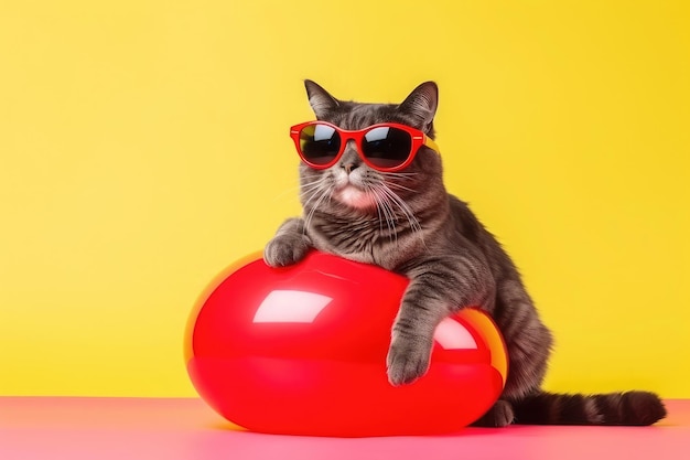 Retrato de um gato engraçado em óculos de sol em cima de um flutuador vermelho e fundo amarelo Conceito de verão Ai generative