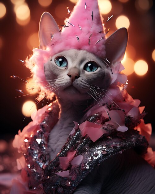 Retrato de um gato esfinge extravagante vestindo uma expressão dramática e um traje de aniversário de festa