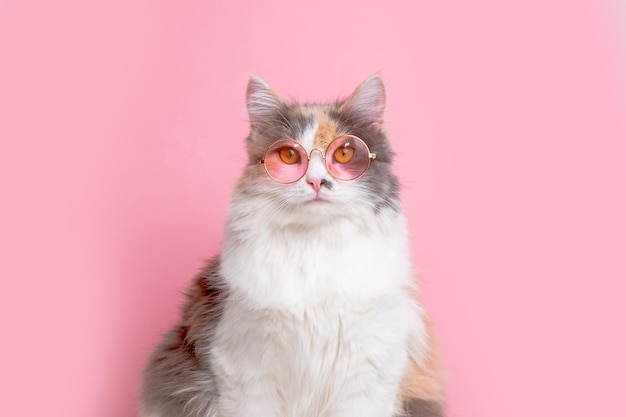 Retrato de um gato fofo cinza e branco engraçado em óculos cor-de-rosa ensolarados deitado em um fundo rosa