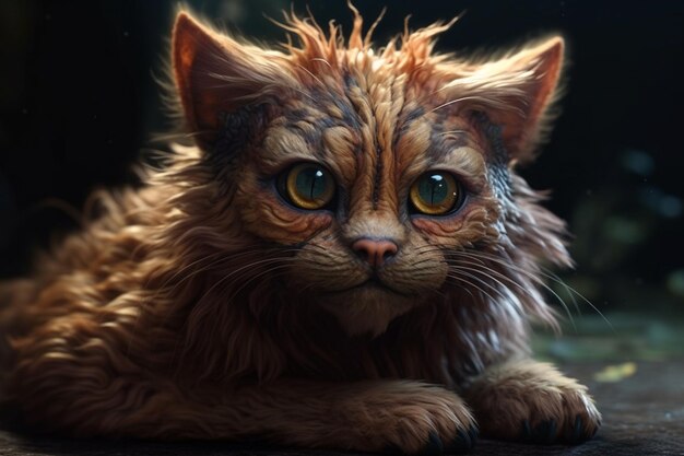 Retrato de um gato Maine Coon com olhos grandes em um fundo escuro