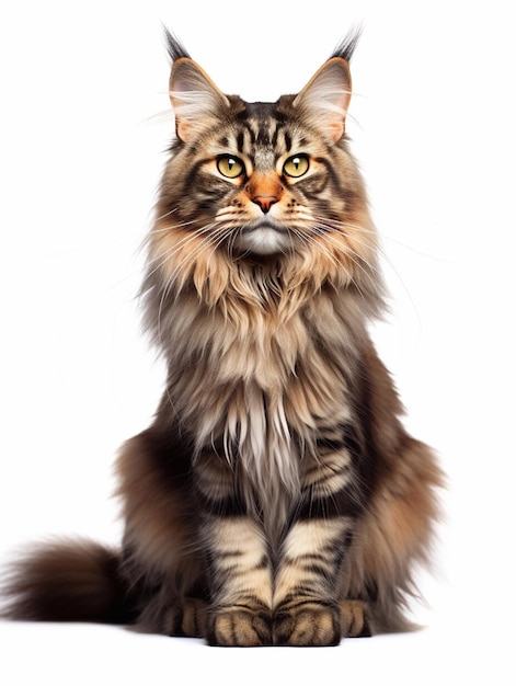 Retrato de um gato Maine Coon de cabelos compridos no fundo branco