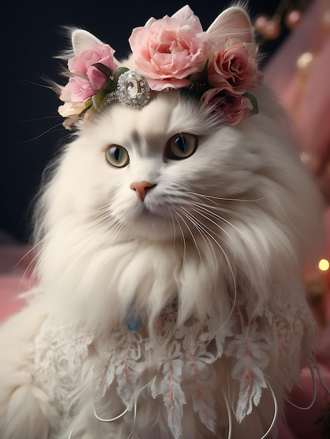 Retrato de um gato persa gracioso vestindo uma expressão serena e um traje de aniversário da festa Del