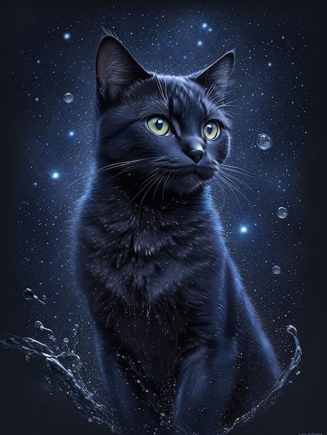 Retrato de um gato preto na noite escura