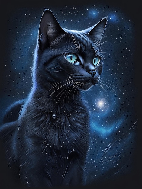 Retrato de um gato preto na noite escura