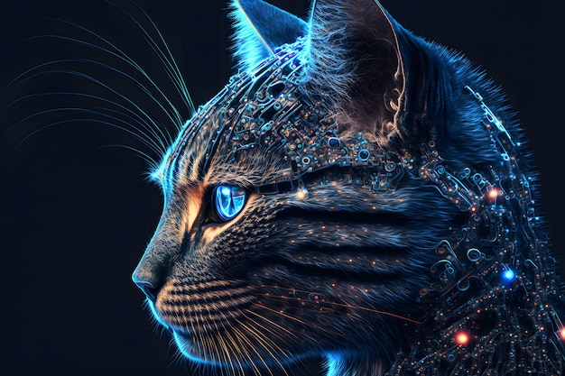 Retrato de um gato robô futurista Uma fantasia abstrata artística do cyberpunk Conceito de um gato cibernético Arte gerada pela rede neural