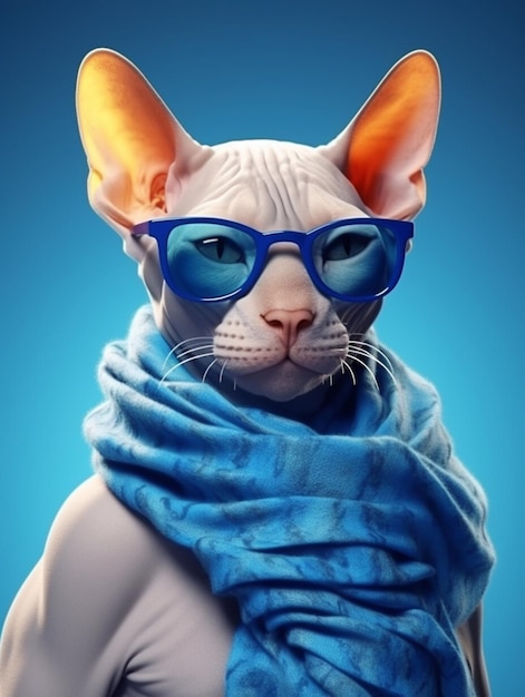 Retrato de um gato sphynx usando cachecol e óculos de sol em um fundo azul