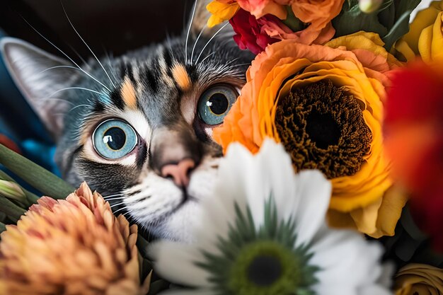 Retrato de um gato tigrado na grama e flores Rede neural AI gerada