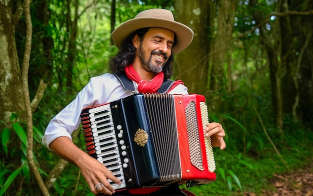 Foto retrato de um gaúcho do rio grande do sul feliz com seu acordeão