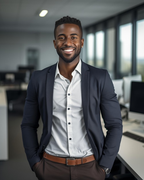 Foto retrato de um gerente negro bem sucedido no escritório