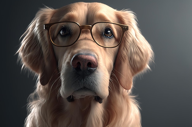 Retrato de um golden retriever com óculos em um fundo escuro Generative AI