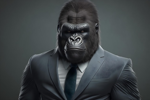 Retrato de um gorila agressivo usando inteligência artificial generativa de suíte de negócios