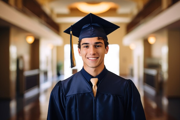 Retrato de um graduado masculino feliz em um capelo e um vestido olhando para a câmera