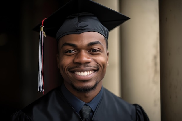 Retrato de um graduado sorridente usando seu boné e beca criado com IA generativa