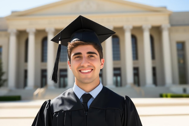 Retrato de um graduado universitário sorridente em frente ao prédio da universidade