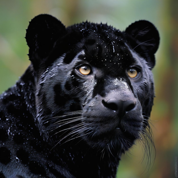 Foto retrato de um grande leopardo preto com gotas de chuva em seu rosto