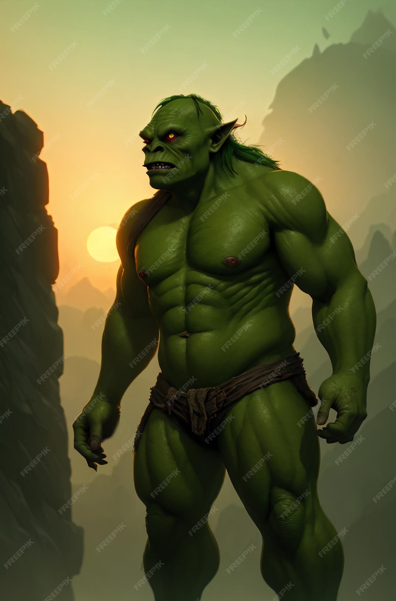 Retrato de orc verde aterrorizante criatura fantástica troll com