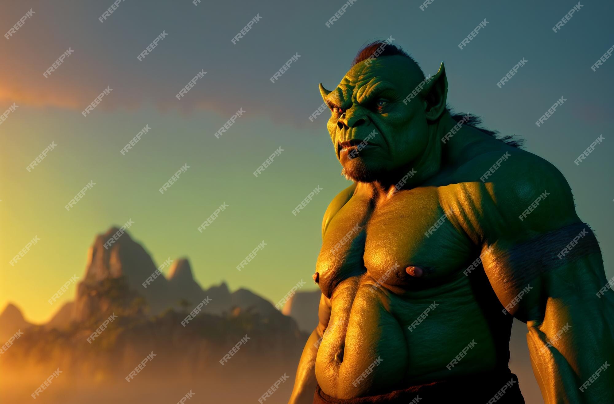 Retrato de orc verde aterrorizante criatura fantástica troll com