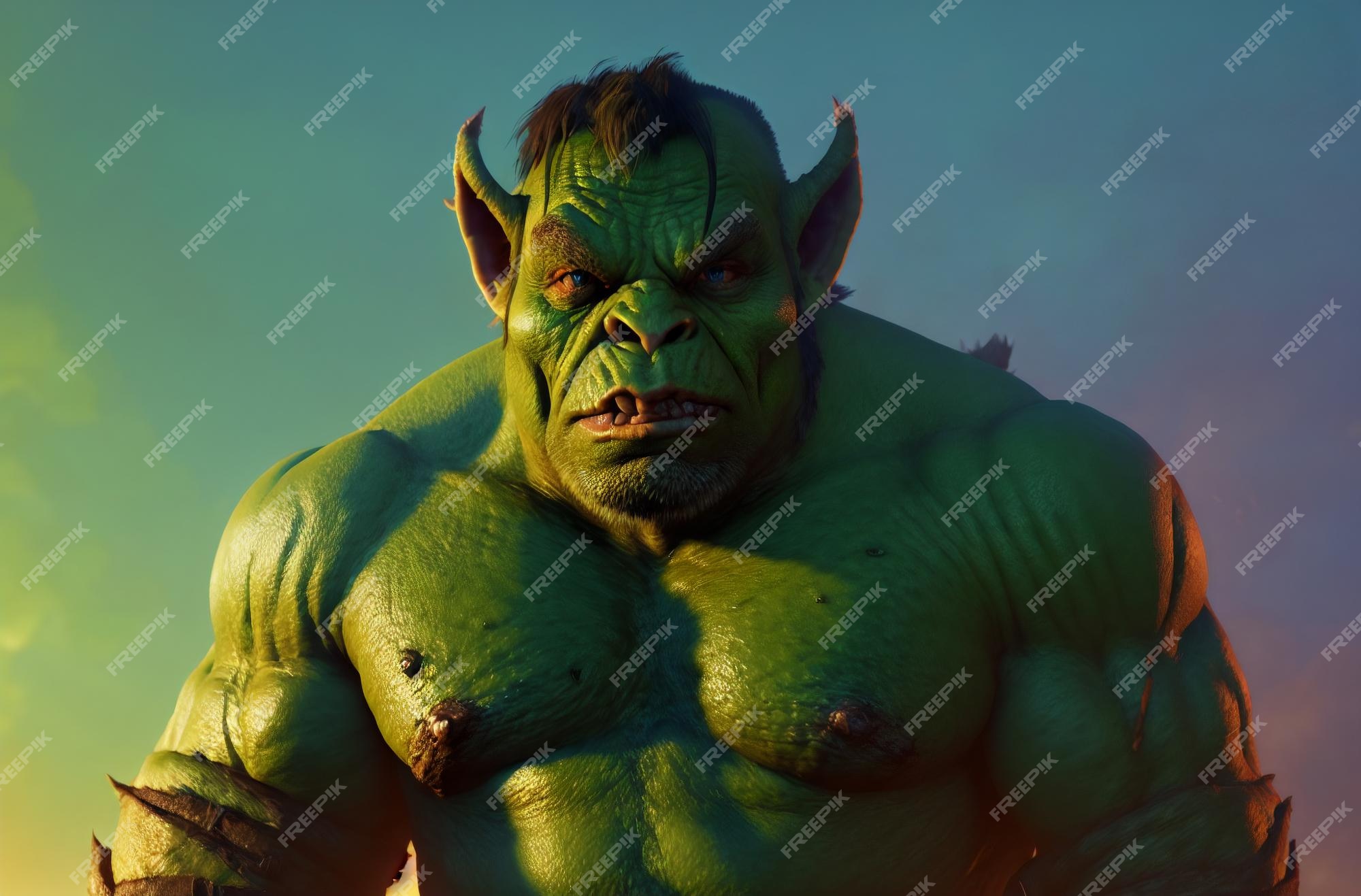 Retrato de orc verde aterrorizante criatura fantástica troll com