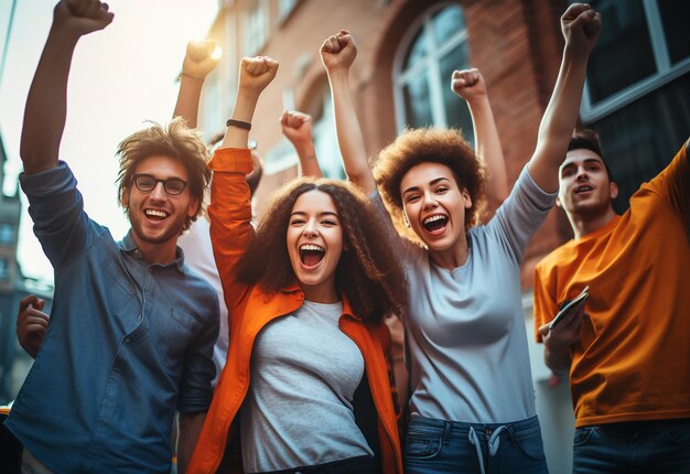 Foto retrato de um grupo de amigos fazendo gestos de braço para cima, mãos para cima