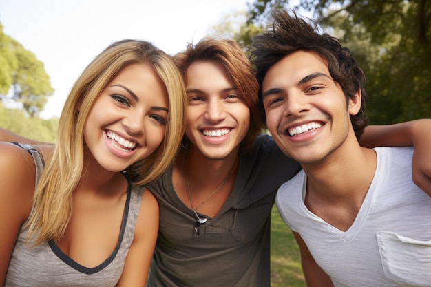 Foto retrato de um grupo de amigos felizes curtindo o ar livre juntos, criado com ia generativa