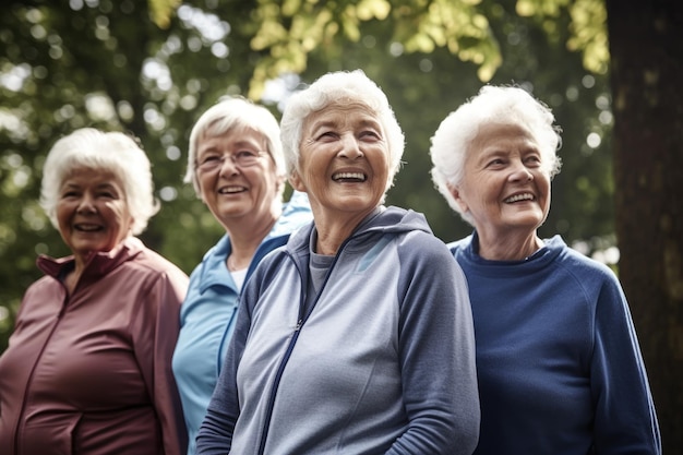 Retrato de um grupo de amigos seniores se exercitando ao ar livre juntos, criados com IA generativa