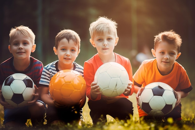 Retrato de um grupo de crianças segurando bolas de futebol no parquinho Generative AI