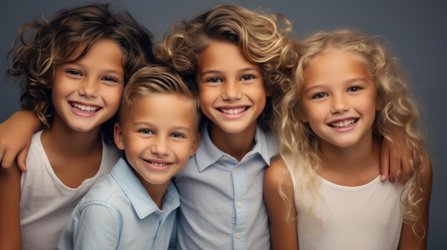 Foto retrato de um grupo de crianças sorrindo em um fundo cinzento ia generativa