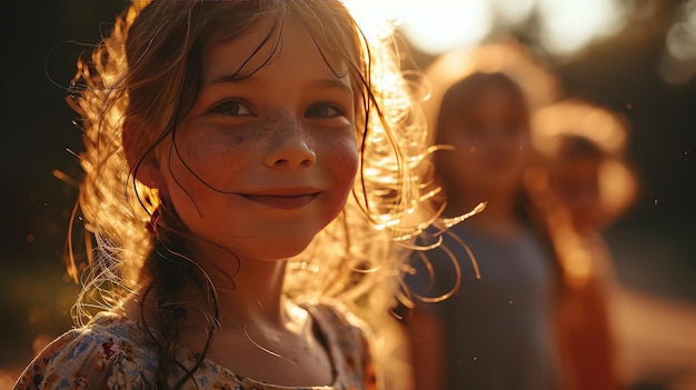 Retrato de um grupo de garotos pobres brincando em campo à noite IA generativa