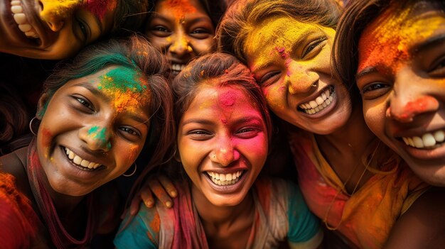 Retrato de um grupo de indianos felizes se divertindo no festival de holi