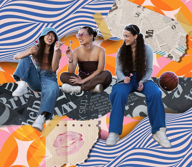 Retrato de um grupo de jovens amigos em estilo colagem