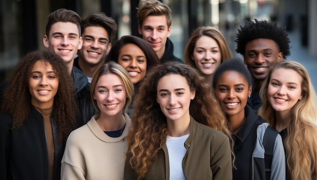 Retrato de um grupo de jovens felizes juntos na cidade