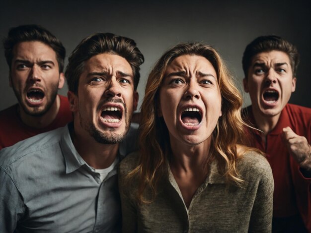 Foto retrato de um grupo de jovens homens e mulheres irritados gritando uns com os outros ai gerativa