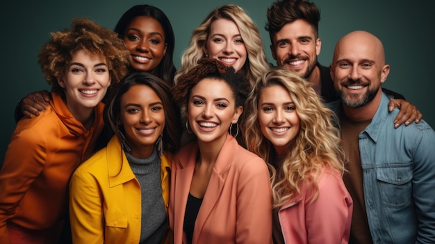 Retrato de um grupo de pessoas multiétnicas sorridentes juntas isoladas sobre fundo cinza