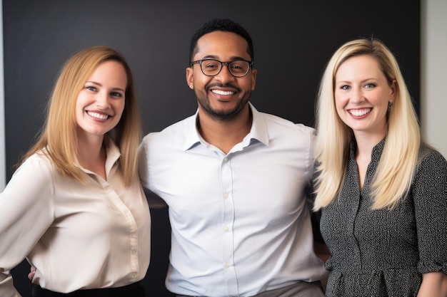 Foto retrato de um grupo de três trabalhadores de escritório felizes criados com ia generativa